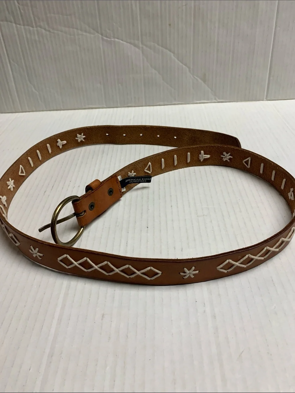 American Eagle Vintage Y2K Brown Genuine Leather Embroidered Boho Western Belt